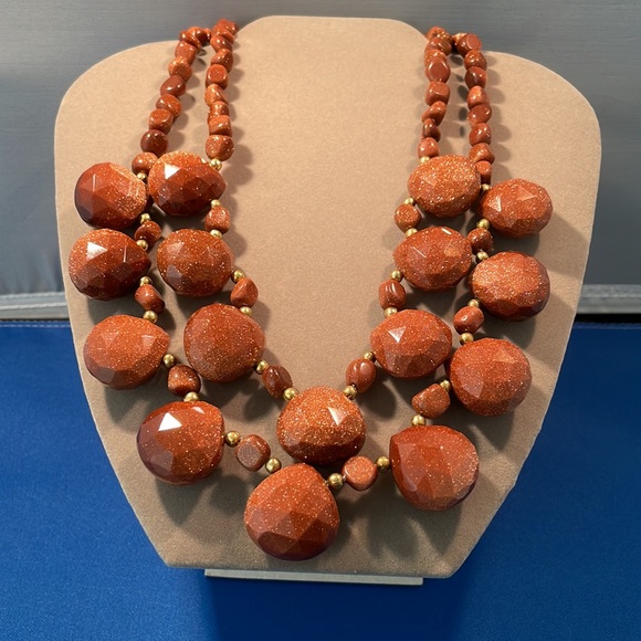 BEAUTIFUL NATURAL RED SAND STONE DOUBLE LAYER STATEMENT NECKLACE - Picture 1 of 11